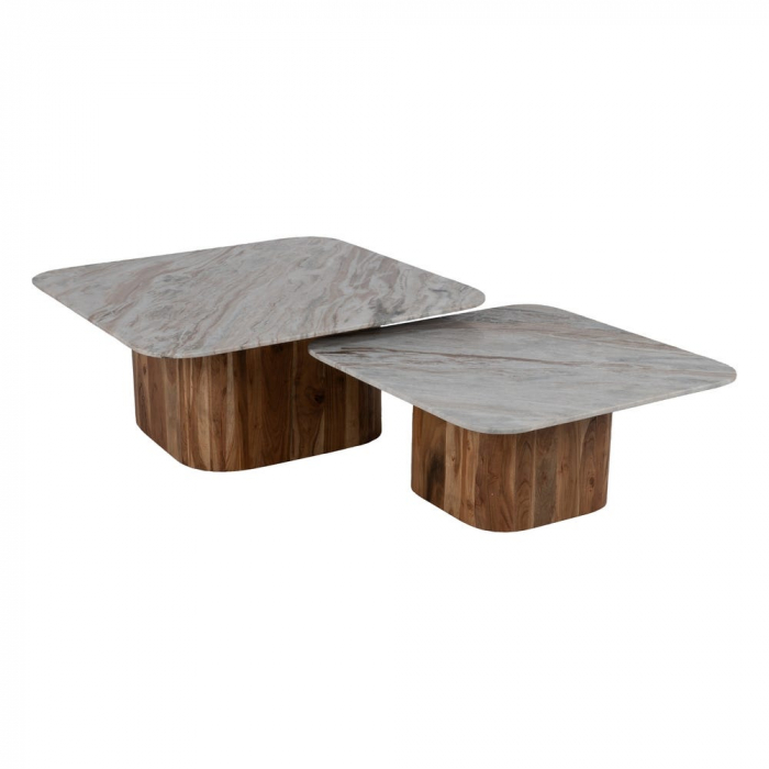 Set masute patrate marmura si lemn acacia, alb gri si maro cald [3]