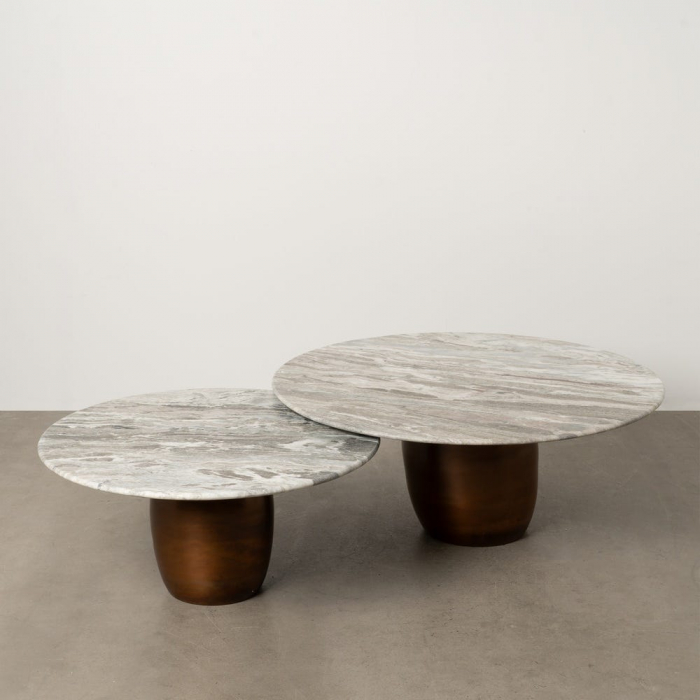 Set masute marmura cupru metal oval, blat rotund alb venaturi gri [1]
