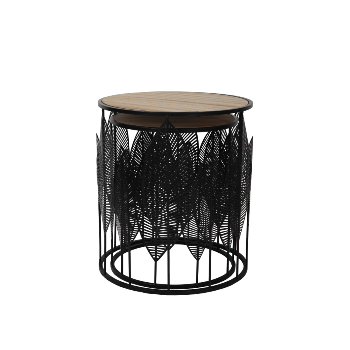 Set măsuțe de cafea rotunde din MDF furniruit și metal negru cu blat aspect lemn [4]
