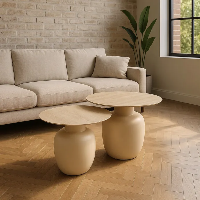 Set masute ceramica bej travertin si metal, rotunde, sculpturale [12]