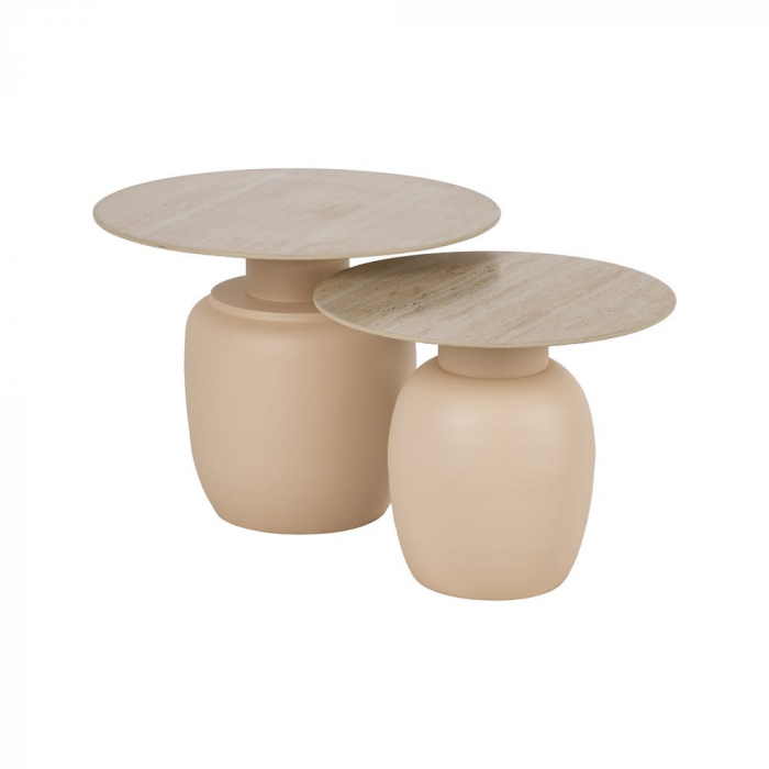 Set masute ceramica bej travertin si metal, rotunde, sculpturale [2]
