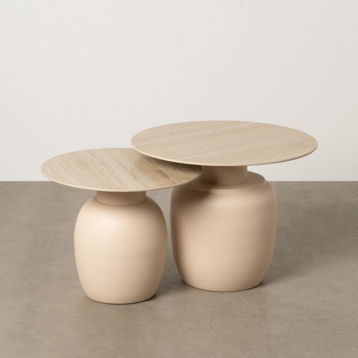 Set masute ceramica bej travertin si metal, rotunde, sculpturale [1]