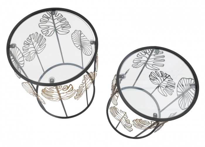 Set 2 masute laterale Leaves, metal sticla, negru auriu [7]