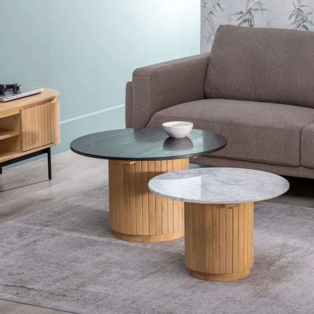 Set 2 masute living rotunde marmura lemn mango, alb/negru [2]