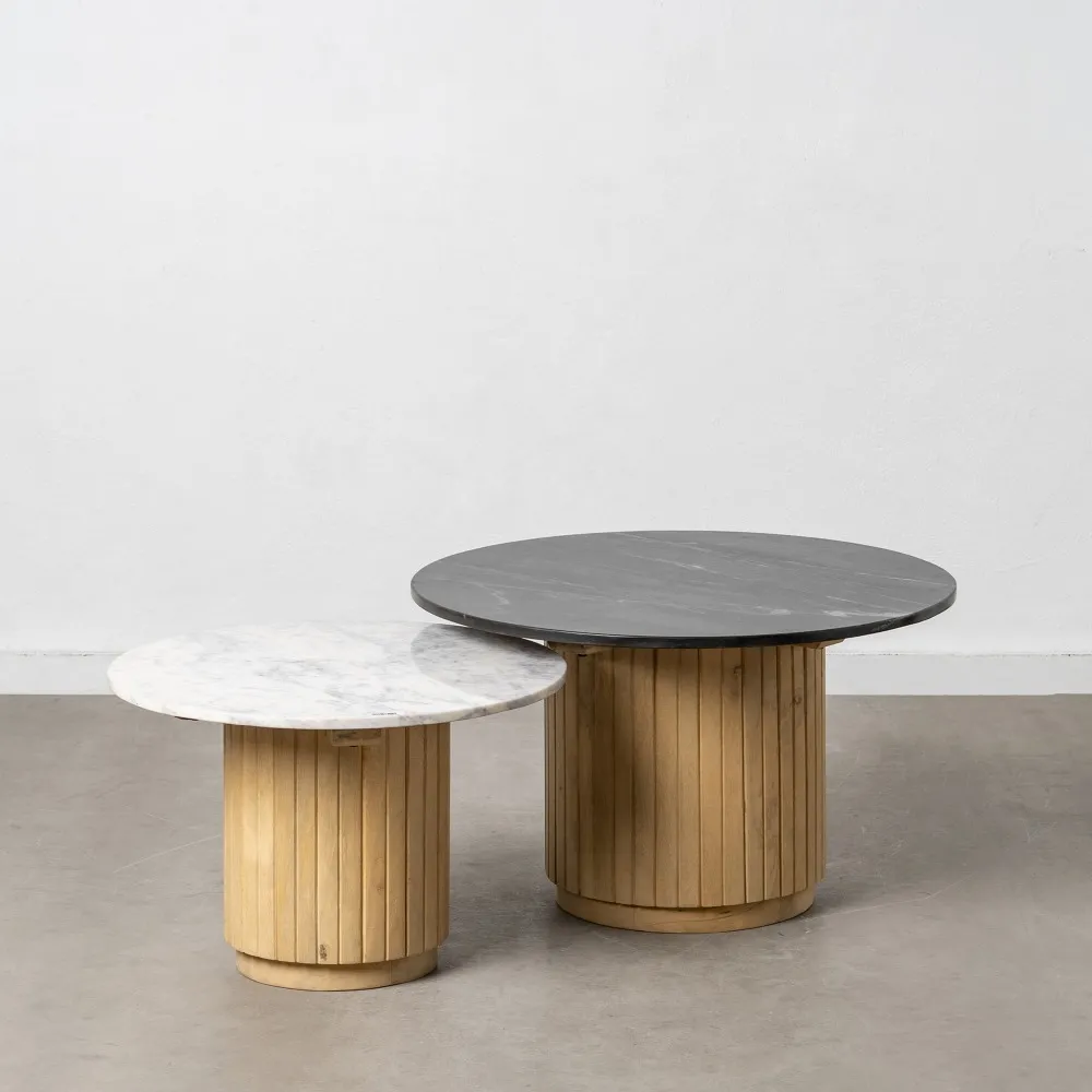 Set 2 masute living rotunde marmura lemn mango, alb/negru [3]