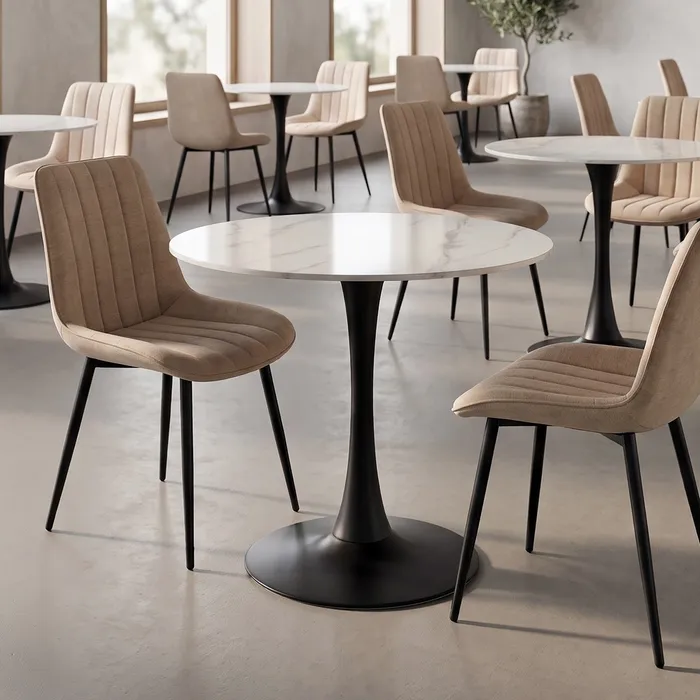 Set 2 mese rotunde albe din piatra sinterizata cu structura metalica neagra 80x80x75 cm [2]