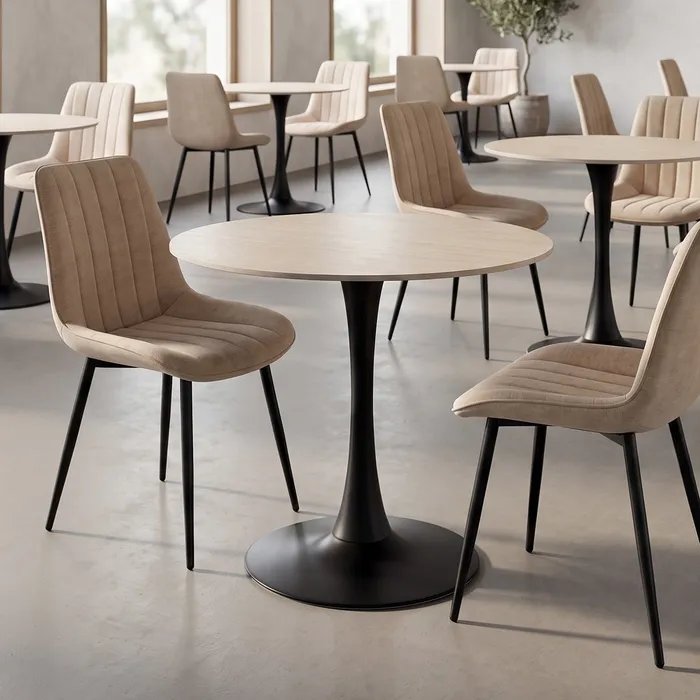 Set 2 mese rotunde bej din piatra sinterizata cu structura metalica neagra 80x80x75 cm [2]