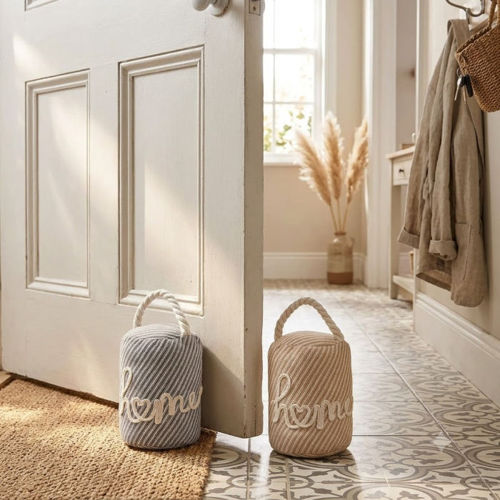 Set 2 opritoare de ușă cilindrice textile cu mesaj Home și mâner împletit [2]