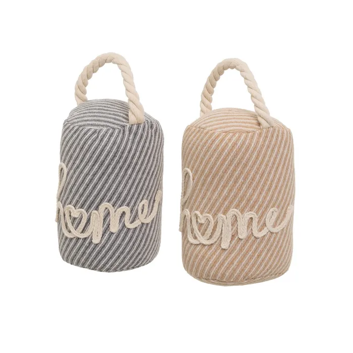 Set 2 opritoare de ușă cilindrice textile cu mesaj Home și mâner împletit [3]