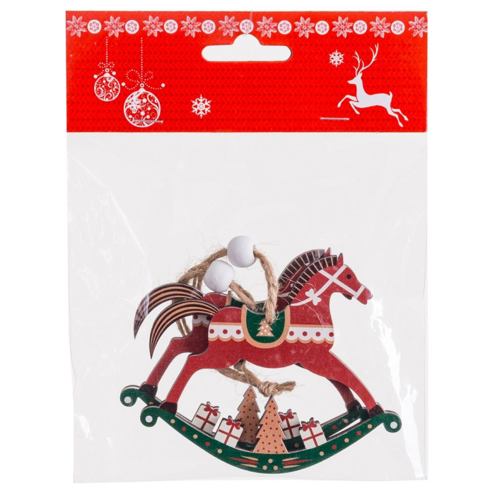 Set 2 ornamente căluț balansoar din lemn roșu cu șa verde și brăduț cu cadouri pe talpa verde [3]