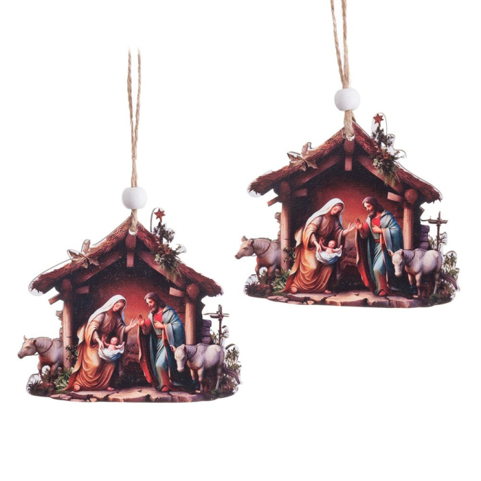 Set 2 ornamente iesle din lemn în formă de staul cu imagine a Nașterii Domnului și animalele [3]