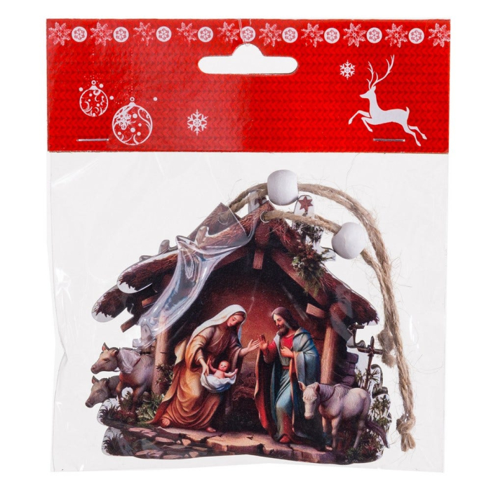 Set 2 ornamente iesle din lemn în formă de staul cu imagine a Nașterii Domnului și animalele [2]