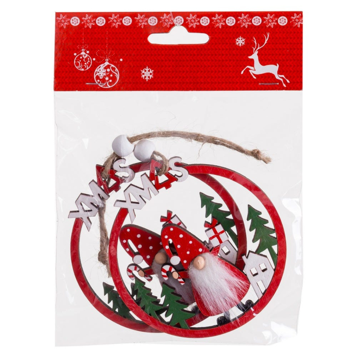 Set 2 ornamente inel roșu din lemn cu litere XMAS și spiriduș cu barbă pufoasă baston și cadou [2]