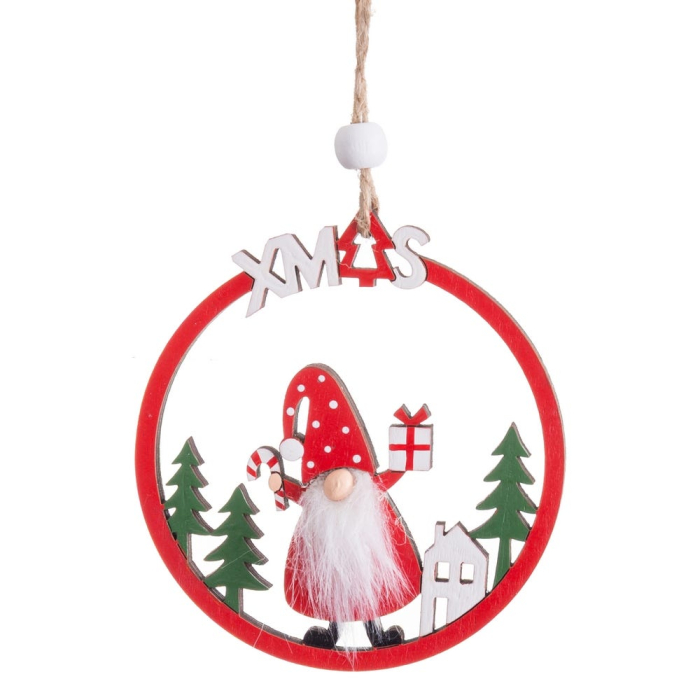 Set 2 ornamente inel roșu din lemn cu litere XMAS și spiriduș cu barbă pufoasă baston și cadou [3]