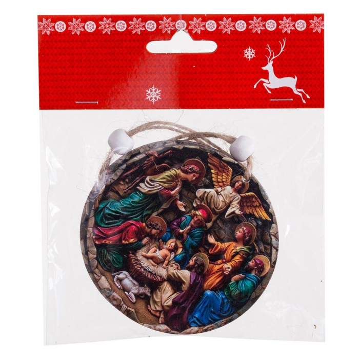 Set 2 ornamente medalion rotund din lemn cu imagine a Nașterii Domnului în culori calde și lumină aurie [3]
