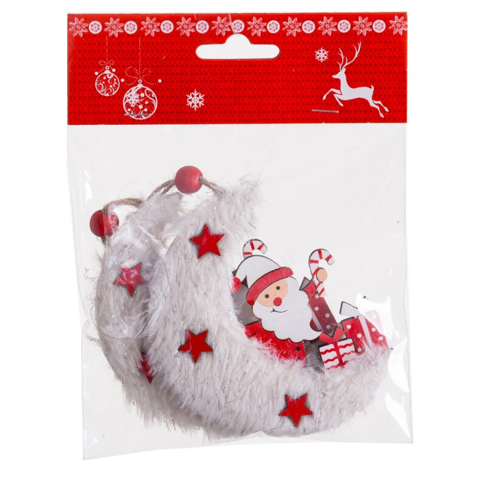Set 2 ornamente semilună albă pufoasă din lemn cu Moș Crăciun cadou baston în dungi și stele roșii [3]