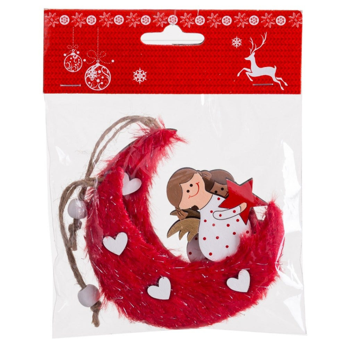 Set 2 ornamente semilună roșie pufoasă cu înger în rochie albă cu buline roșii și stea roșie [3]