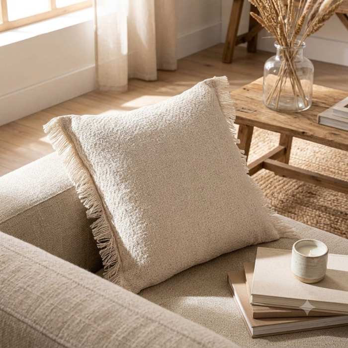 Set 2 perne decorative culoare natural bumbac, franjuri 45x45 [2]