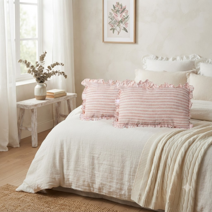 Set 2 perne decorative dreptunghiulare roz cu dungi și volane [2]