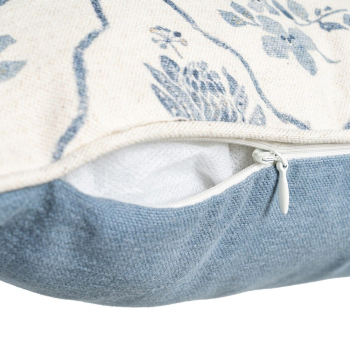 Set 2 perne decorative patrate alb cu albastru, bumbac si in, imprimeu pasare si motive florale 45 x 45 cm [4]