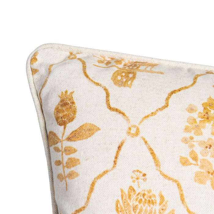 Set 2 perne decorative patrate alb cu galben, bumbac si in, imprimeu pasare si motive florale 45 x 45 cm [3]