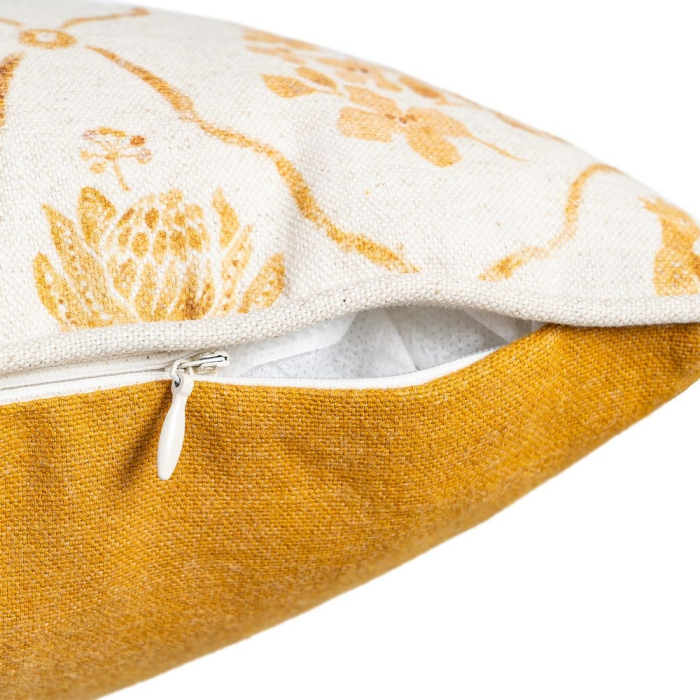 Set 2 perne decorative patrate alb cu galben, bumbac si in, imprimeu pasare si motive florale 45 x 45 cm [4]