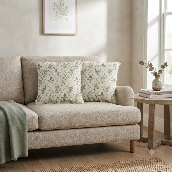 Set 2 perne decorative patrate alb cu verde, bumbac si in, imprimeu pasare si motive florale 45 x 45 cm [2]