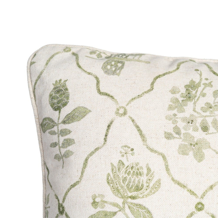 Set 2 perne decorative patrate alb cu verde, bumbac si in, imprimeu pasare si motive florale 45 x 45 cm [3]