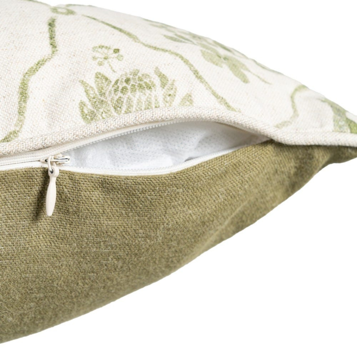 Set 2 perne decorative patrate alb cu verde, bumbac si in, imprimeu pasare si motive florale 45 x 45 cm [4]