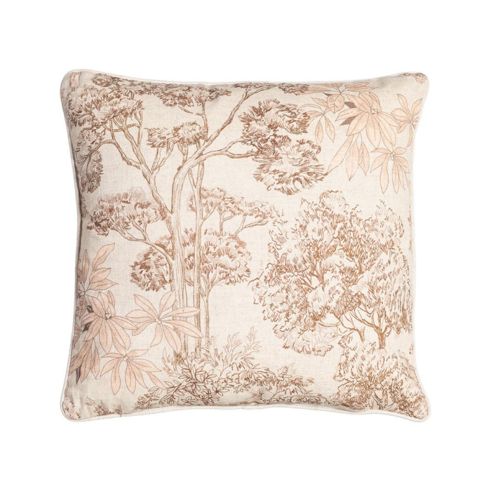 Set 2 perne decorative patrate crem cu maro, bumbac si in, imprimeu arbori si flori 45 x 45 cm [2]