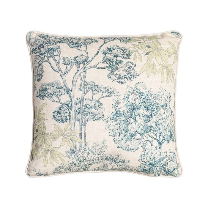 Set 2 perne decorative patrate crem cu verde si albastru, bumbac si in, imprimeu arbori si flori 45 x 45 cm [2]