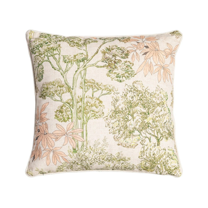 Set 2 perne decorative patrate crem cu verde si roz pal, bumbac si in, imprimeu arbori si flori 45 x 45 cm [2]