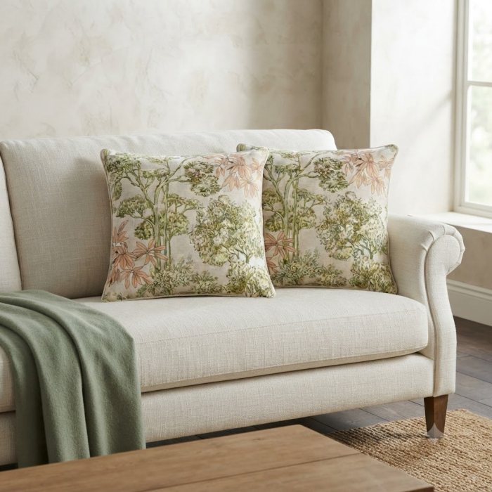 Set 2 perne decorative patrate crem cu verde si roz pal, bumbac si in, imprimeu arbori si flori 45 x 45 cm [2]