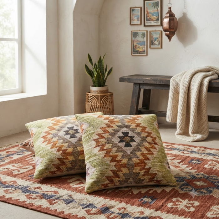 Set 2 perne decorative model etnic verde și maro din stofă și lână 45x45 cm [2]