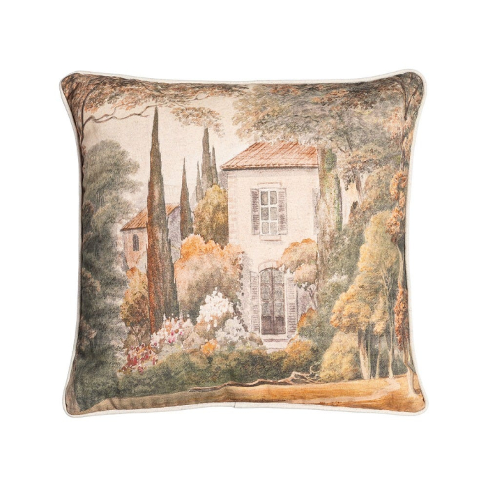 Set 2 perne decorative patrate multicolore, bumbac si in, peisaj cu casa 45 x 45 cm [1]