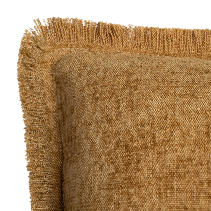 Set 2 perne decorative pătrate ocru cu fir de in și țesătură pufoasă și margine franjurată [2]