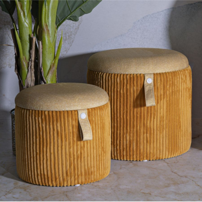 Set 2 pufuri cu depozitare mustar din catifea reiată cu capac rotund și mâner [9]