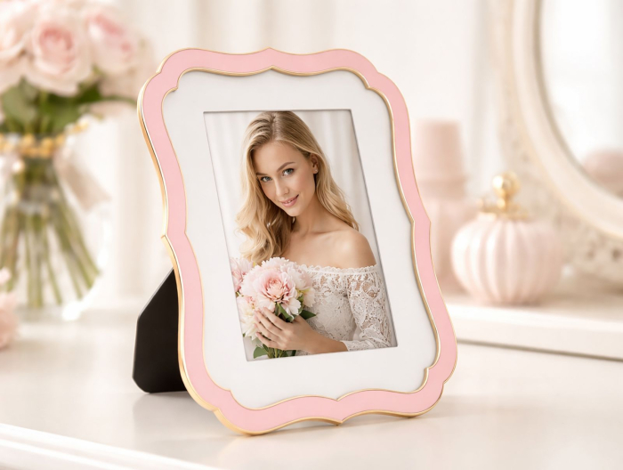 Set 2 rame foto roz pastel și auriu din metal cu profil decorativ 17x1.4x21.9 cm [5]