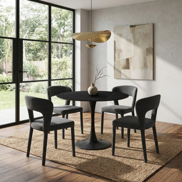 Set 2 scaune de dining din stofă chenille neagră [2]