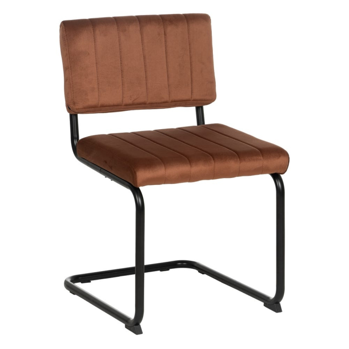 Set de 2 scaune dining teracotă tapițate din stofă, matlasate, bază metalică neagră tip sanie, stil retro-modern [3]