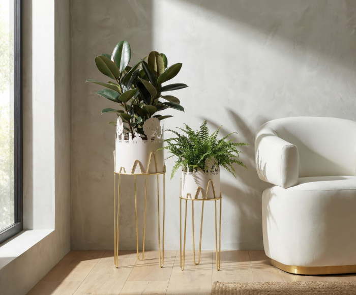 Set 2 suporturi ghivece metal auriu gri arbori [5]