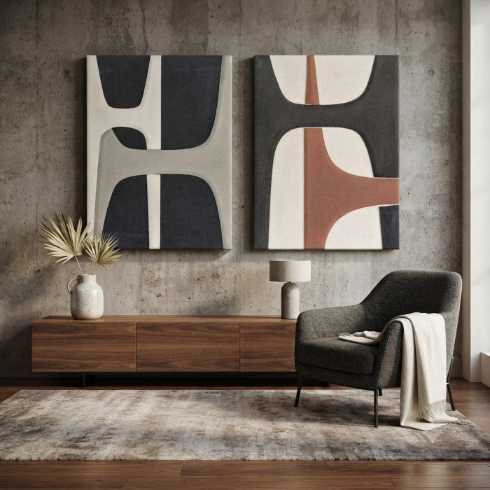Set 2 tablouri abstracte alb negru și maro din MDF cu forme geometrice [2]