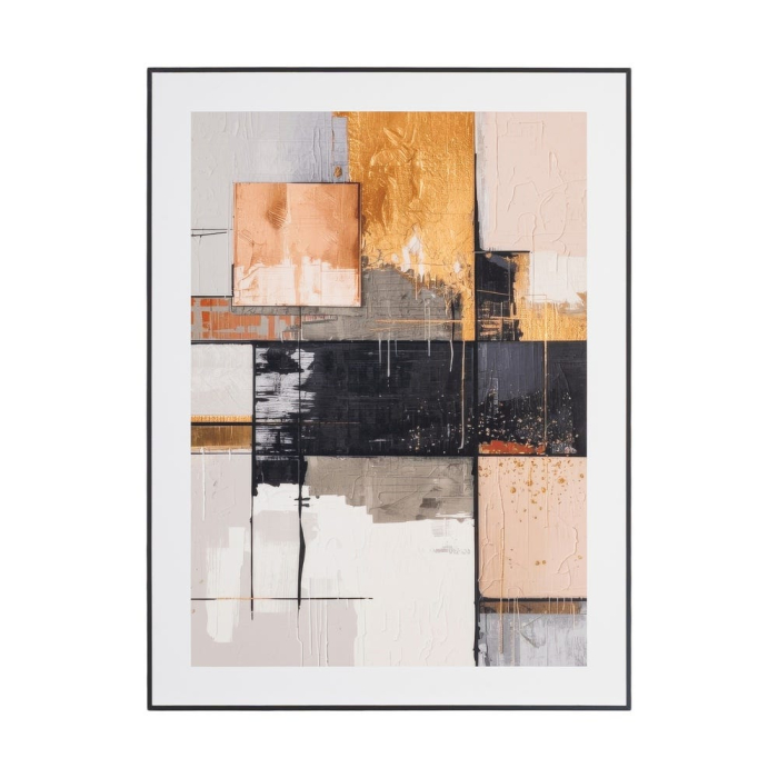 Set 2 tablouri abstracte cu straturi de auriu negru și piersică în stil de colaj în ramă neagră [2]