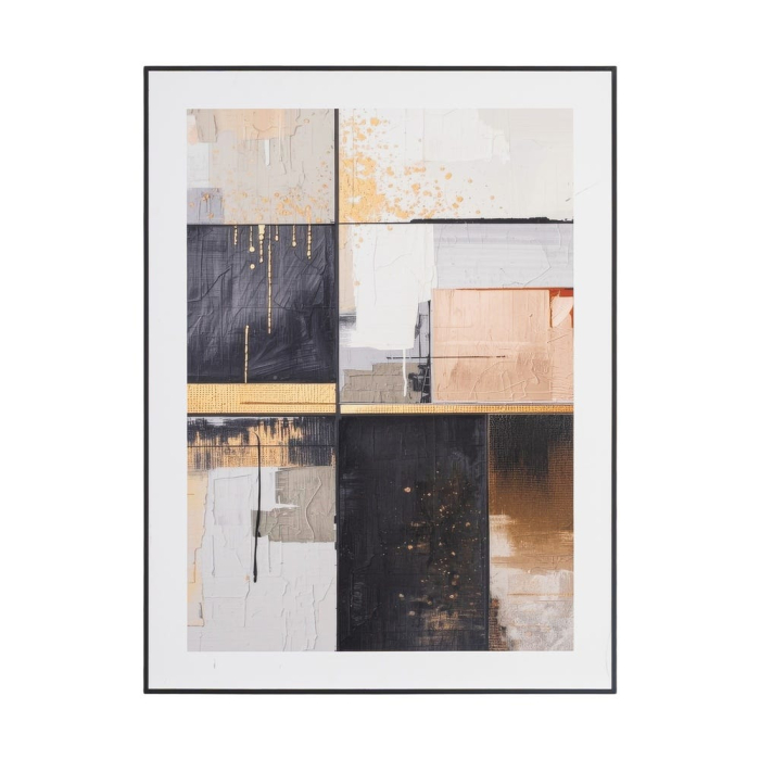 Set 2 tablouri abstracte cu straturi de auriu negru și piersică în stil de colaj în ramă neagră [3]