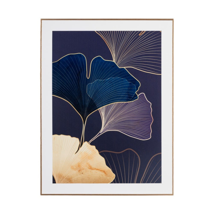 Set 2 tablouri cu frunze de ginkgo aurii pe fond bleumarin cu linii aurii fine în ramă aurie [3]