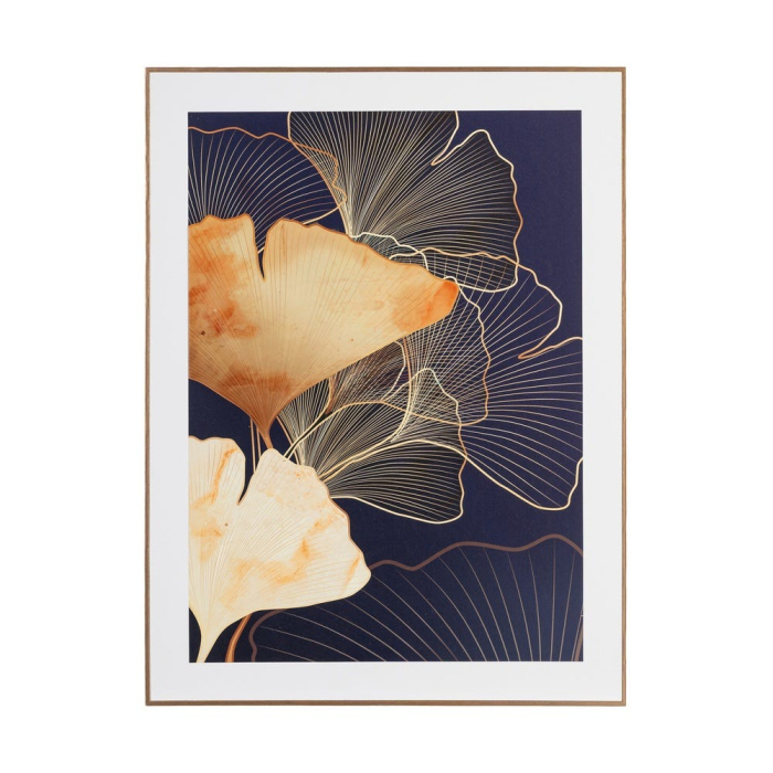 Set 2 tablouri cu frunze de ginkgo aurii pe fond bleumarin cu linii aurii fine în ramă aurie [2]