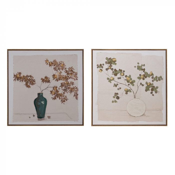 Set tablouri flori vaze pictate manual crem verde 80x80 [1]