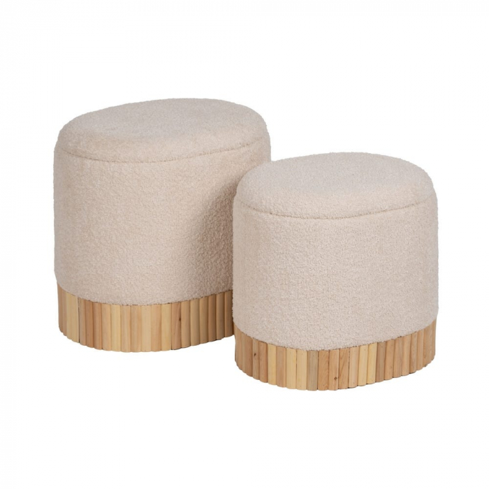 Set 2 taburete crem cu ladă boucle și bază lemn – design japandi [3]