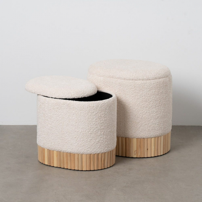 Set 2 taburete crem cu ladă boucle și bază lemn – design japandi [2]