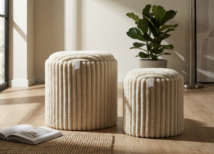 Set 2 taburete rotunde tapițate albe cu textură plisată design modern [2]